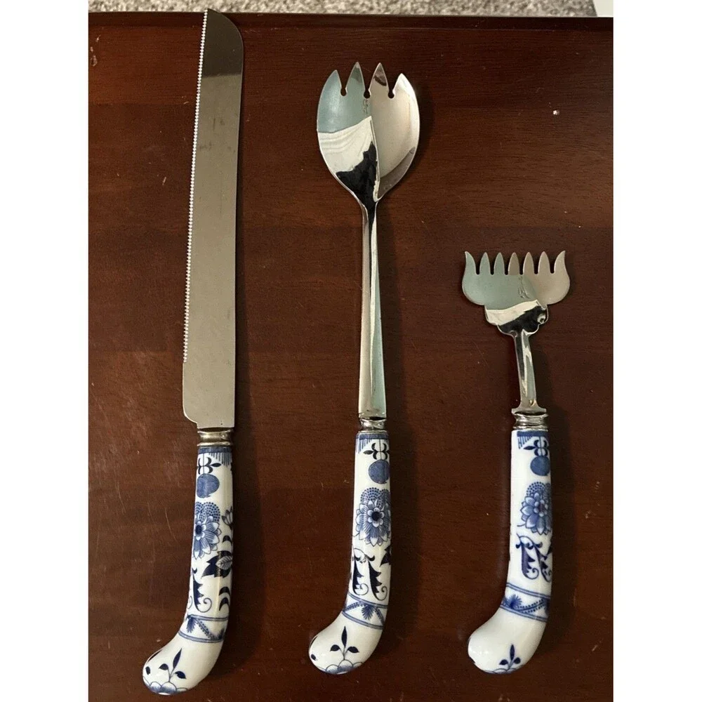 Vintage Prill Sheffield Blue Onion Porcelain Utensils Serving Set Of 3